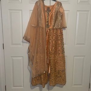 Peachy, Heavy Detailed Gown with Skirt Underneath, with Gold Embroidered